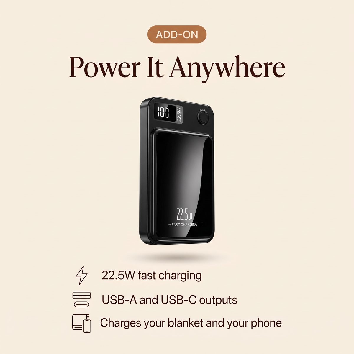 Add-on: black 22.5W fast-charging power bank for the Hugmora heated wrap