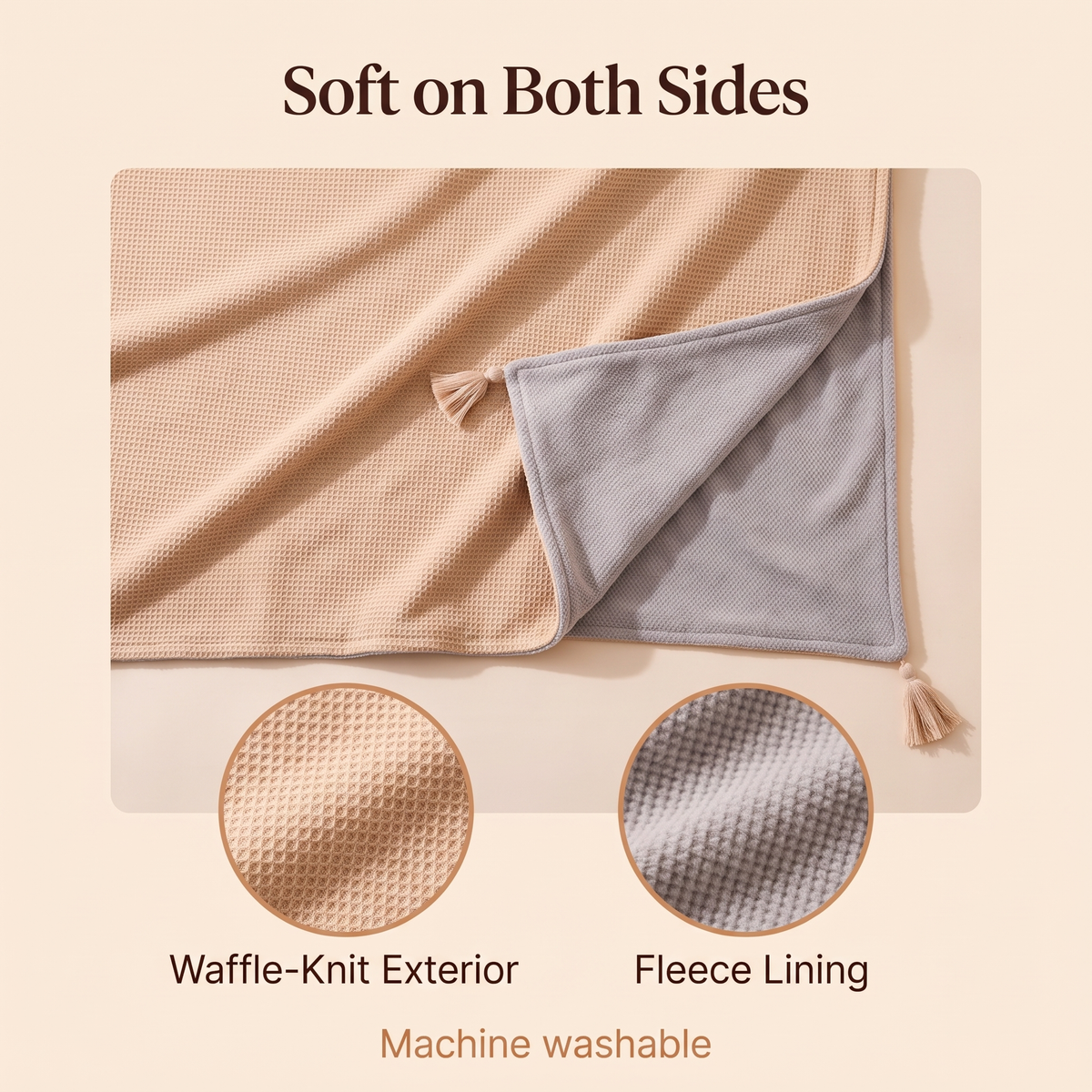 Hugmora heated wrap with a beige waffle-knit exterior and a soft grey fleece lining