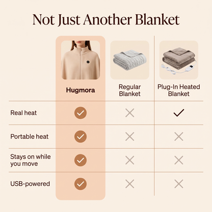 Hugmora heated wrap compared with a regular blanket and a plug-in heated blanket