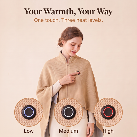 Woman pressing the button on the beige Hugmora heated wrap to choose low, medium or high heat