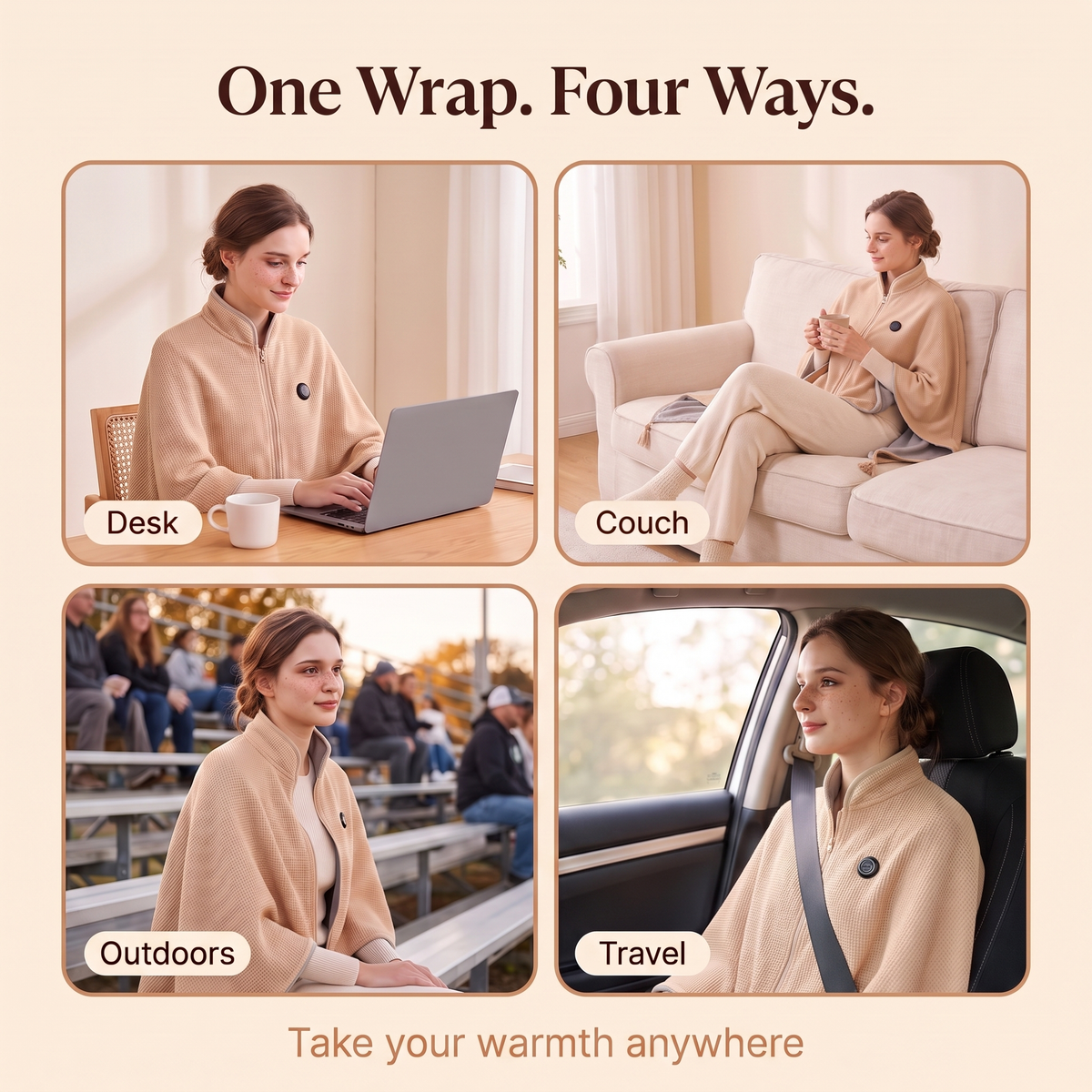 Hugmora heated wrap worn at a desk, on the couch, outdoors and while traveling