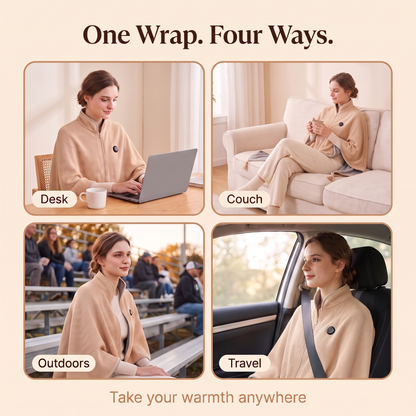 Hugmora heated wrap worn at a desk, on the couch, outdoors and while traveling