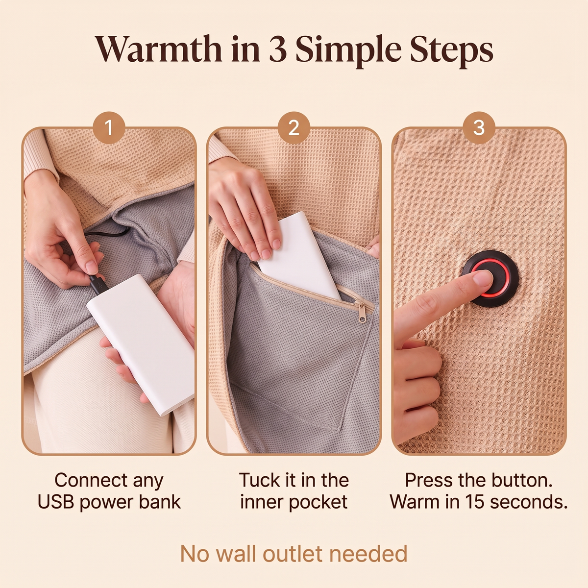 How to use Hugmora: connect a USB power bank, tuck it in the inner pocket and press the button